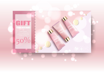 Gift vaucher cosmetics. Discount poster. Package design template. Ads vector realistic illustration 3d.