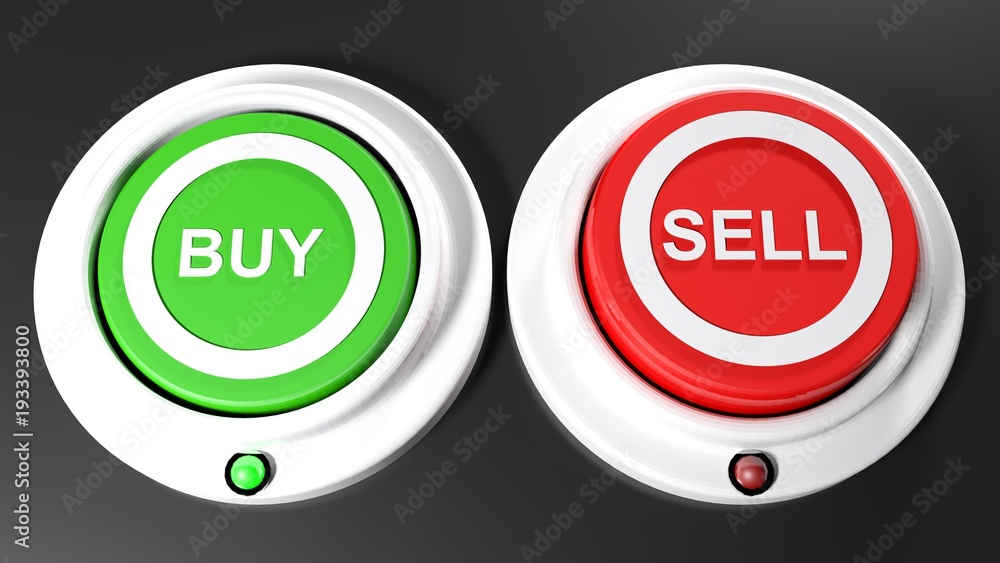 Poster pushbuttons to buy and sel; buy is selected - 3d rendering