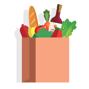 Fresh Food in a paper bag - vector illustration in flat style. Different food and beverage products, grocery shopping. Fruits, vegetables, ham, cheese, bread, milk