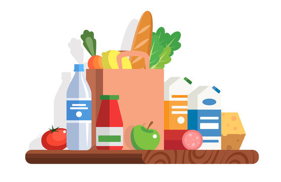 Fresh Food vector illustration in flat style. Different food and beverage products - market basket, commodity bundle, grocery shopping. Milk, juice, water, fruits, vegetables, ham, cheese, bread