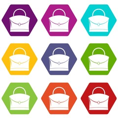 Little woman bag icon set color hexahedron