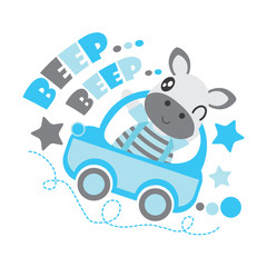 Cute zebra boy drives a car vector cartoon illustration for Kid t-shirt background design, postcard, and wallpaper