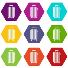 Suitcase on wheels icon set color hexahedron