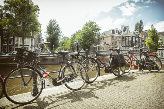 Bicycles Parked Near Amstel River, Amsterdam, Netherlands
