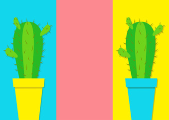 Cactus icon in flower pot icon set. Minimal flat design. Bright green houseplant. Desert prikly thorny spiny plant. Growing concept. Pastel yellow blue pink color background. Cute cartoon object.