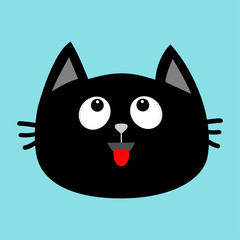 Black cat head face icon looking up. Red tongue. Surprised emotion. Cute cartoon character. Pet baby collection Card. Flat design. Blue background.