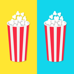 Popcorn round bucket box set. Movie Cinema icon in flat design style. Pop corn popping. Fast food. Blue yellow background template.