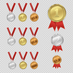 Set of gold, bronze and silver. Award medals isolated on transparent background. Vector illustration of winner concept.