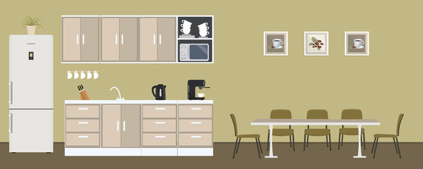 Office kitchen. Dining room in the office. There is a fridge, a table, chairs, a microwave, a kettle and a coffee machine in the image. There are also pictures with coffee on the wall. Vector