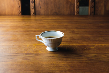 close-up view of cup of coffee on wooden table