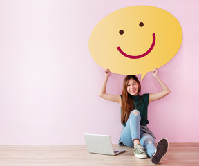 Happy Customer Concept. Review and Feedback her Experience for Satisfaction Survey Online. Young...