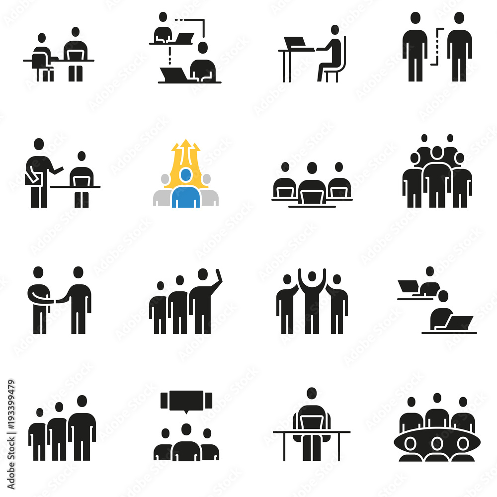 Poster vector set of icons related to team work, human resources, business interaction and relationship - p