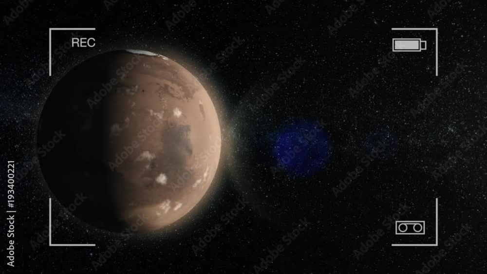 Poster mars animation. planet mars in outer space, spinning around its axis with stars in the background