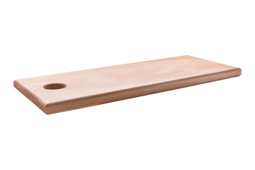 wooden cutting board on white background, side view
