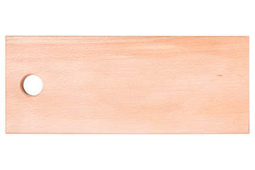 wooden cutting board on white background, top view