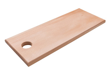 wooden cutting board on white background, side view