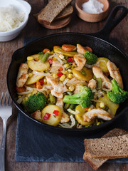 Fried chicken with potatoes and vegetables in a frying pan. Potatoes with meat in a rustic. Traditional European cuisine.