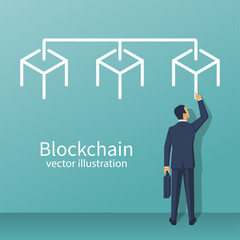 Businessman is standing blockchain system. Cryptography e-business. Vector illustration flat design. Isolated on background. Modern business people.