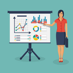 Businesswoman spend business presentation. Financial consultant concept. Vector illustration flat design. Research graphs market, diagrams, charts financial reports. Accounting organization process.