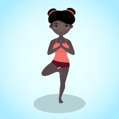 Smiling girl doing yoga. Cartoon character. Healthy young woman standing in a tree pose to Vriksasana. Simple asana. Fitness illustration. Afro-american woman in sportswear doing exercises.