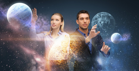 businessman and businesswoman over space