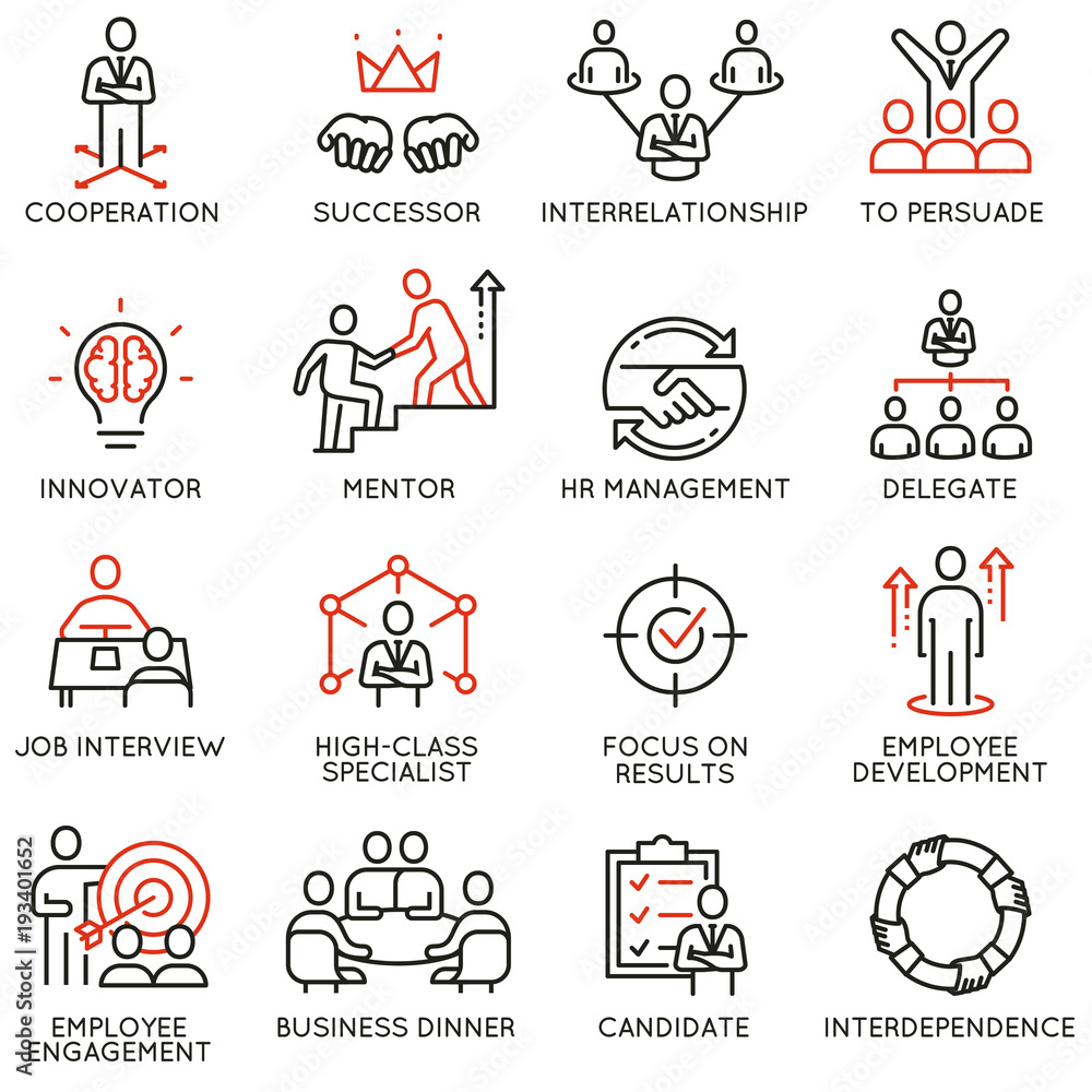 Poster vector set of linear icons related to business process, relationship and human resource management. 
