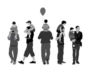 Fathers day set, group of family people vector illustration isolated on white background. Father and son.  Father carrying his son on shoulders, dad carrying little boy with balloon.