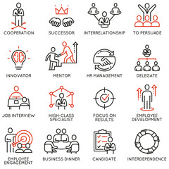 Vector set of linear icons related to business process, relationship and human resource management. Mono line pictograms and infographics design elements