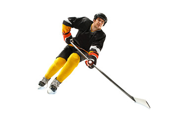 Ice hockey player in action isolated on white.