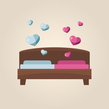 Double bed of love and romance. Bedroom concept. Flat vector.