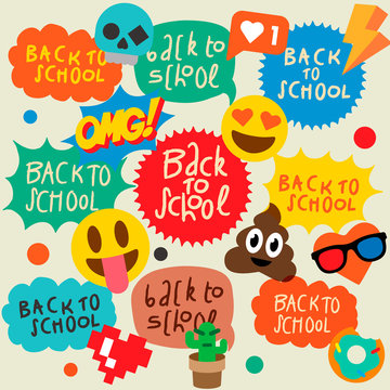 Back to school speech bubbles stickers, emoji smile faces