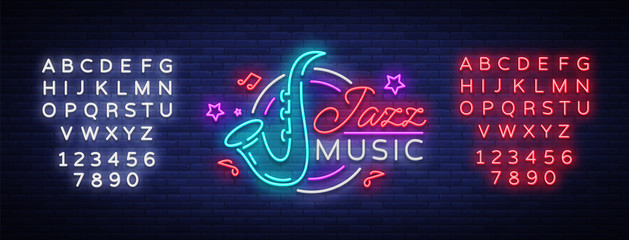 Jazz music is a neon sign. Symbol, neon-style logo, bright night banner, luminous advertising on Jazz music for Jazz cafe, restaurant, bar, party, concert. Vector illustration. Editing text neon sign