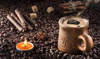 Rustic clay dishes. Delicious morning coffee. Retro Cup of coffee with foam.