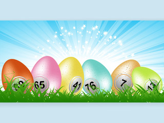 Naklejka premium Easter bingo lottery eggs panel on grass