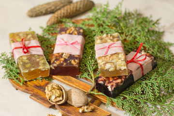 marmelade bars with nuts, granola organic snacks with fruits 