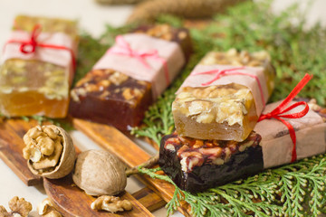 marmelade bars with nuts, granola organic snacks with fruits 