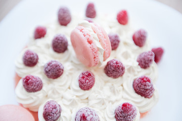 Raspberry Cake with Macarons