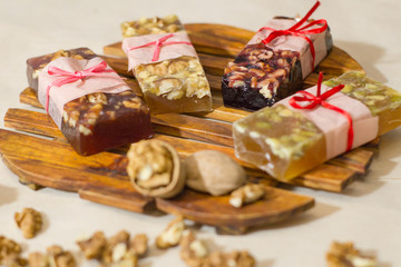 marmelade bars with nuts, granola organic snacks with fruits 