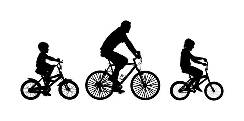 Fathers day, happy family people vector silhouette illustration isolated on white background. Father with son and daughter riding bicycle. Dad with children driving bike. Little boy and girl outdoor.