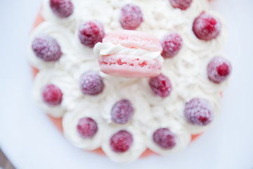 Raspberry Cake with Macarons