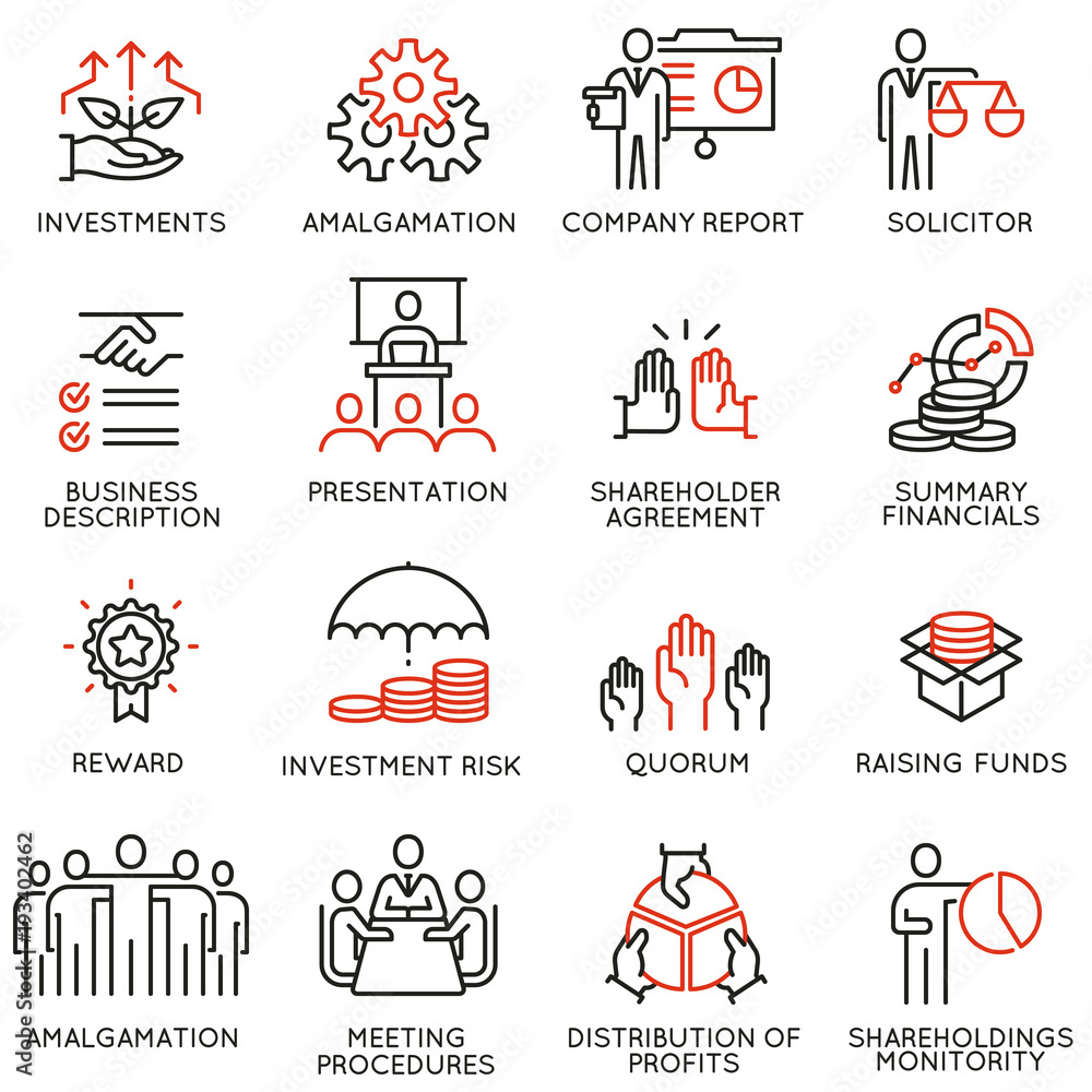 Poster vector set of linear icons related to business process, team work, human resource management and sta