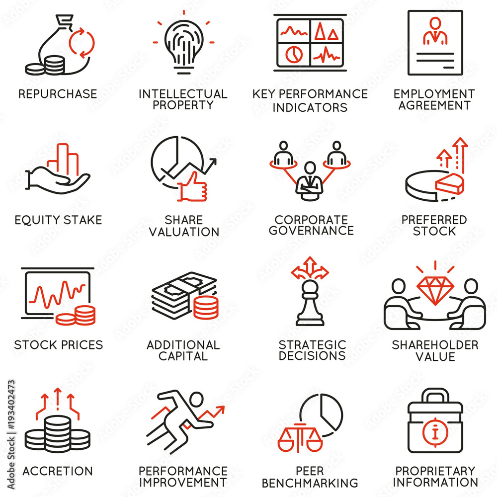 Poster vector set of linear icons related to business process, team work, human resource management and sta