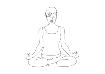 Handrawn woman with short hair practicing yoga, lotus position padmasana
