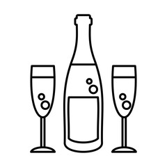 Champagne bottle and glasses black icon. Festive toast, a reason for joy. Flat vector cartoon illustration. Objects isolated on white background.