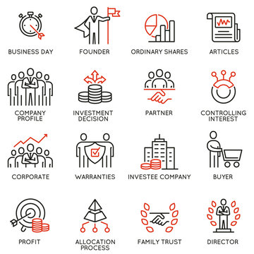 Vector set of linear icons related to business process, team work, human resource management and stakeholders. Mono line pictograms and infographics design elements - part 5