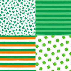 Set of four hand drawn seamless vector patterns with shamrocks, four leaf clovers, stripes. Design concept for Saint Patrick's day celebration, kids textile print, wallpaper, wrapping paper.