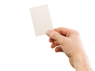 Male hand holding business card, isolated on white