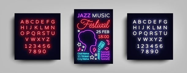 Jazz Festival Poster Neon. Neon sign, Neon style brochure, Design invitation template, Light Banner, Nightly advertisement festival, party, concert. Vector illustration. Editing text neon sign