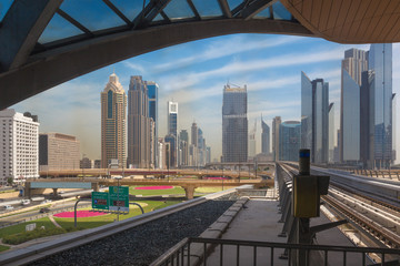 Dubai - The skyscrapers of downtown and the rails of metro.