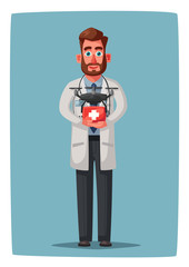 Smart doctor with drone. Funny character design. Cartoon vector illustration